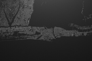 Street map of Cotonou (Benin) on black paper with light coming from top