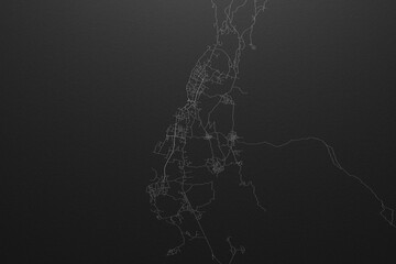 Street map of Moroni (Comores) on black paper with light coming from top