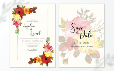Set of Rustic Watercolor Floral Wedding Invitation With Colorful Flowers