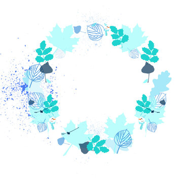 Nature Christmas holiday wreath, blue and white flaked leaves pattern frieze, snowman winter card snow and ice ambiance illustration ring mountain festivity