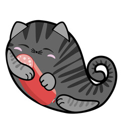 Cute sleeping cat with sausage, hand drawn paisley shape, doodle cartoon collection