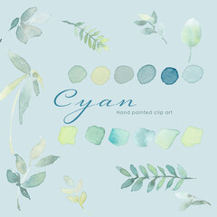watercolor set of elements , cyan color  leaf  dot art  