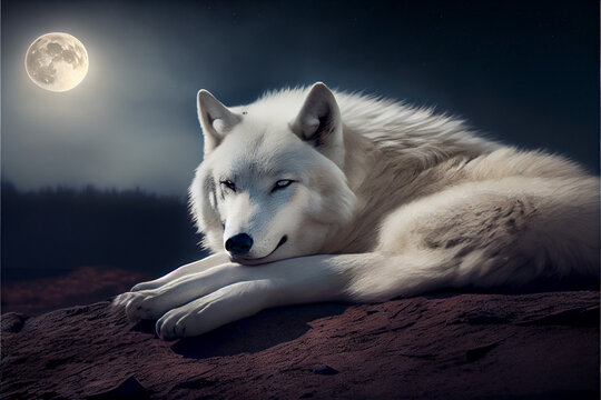 Arctic wolf sleeps at night on a hill in the moonlight