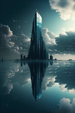 ocean reflection of a futuristic skyscraper