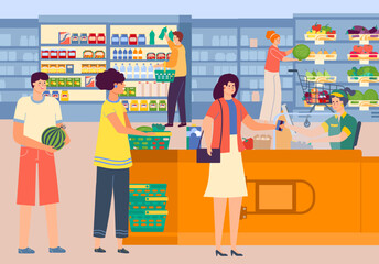 Shop cashier in grocery, vector illustration, flat man woman customer character buy food in supermarket, make retail purchase in store.