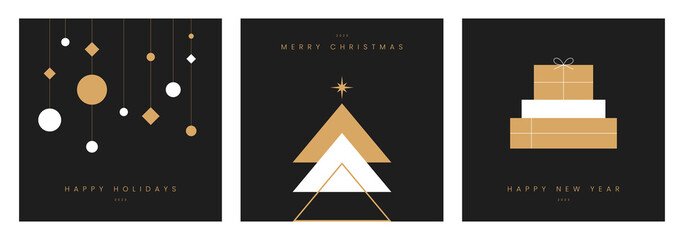 Merry christmas card design with simple geometric christmas tree. Season's greeting banner, poster, brochure, web. Happy holidays text. Modern luxury style. Trendy flat design vector illustration. - 552261674