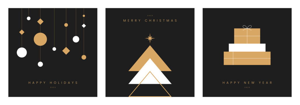 Merry christmas card design with simple geometric christmas tree. Season's greeting banner, poster, brochure, web. Happy holidays text. Modern luxury style. Trendy flat design vector illustration.