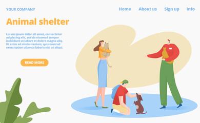 Adoption at animal shelter, vector illustration, flat man woman character hold pet, web page design concept, happy people adopt cute cat, dog