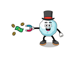 Character Illustration of snowball catching money with a magnet