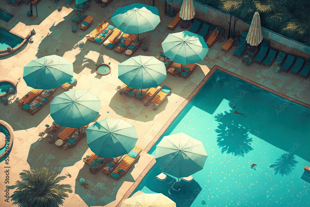 Poster an expansive pool adorned with hammocks and sun umbrellas. generative ai