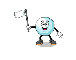 Cartoon Illustration of snowball holding a white flag