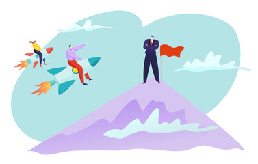 Success business leadership concept, vector illustration, flat tiny people character make career achievement at rocket, big leader boss stand