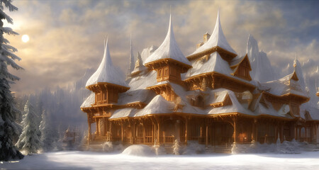 Obraz premium An ancient temple, in a winter landscape.