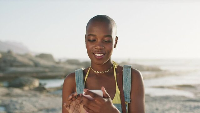Black woman, phone selfie and happy on beach for content creation, social media posts or change profile picture online. Agrican woman, happiness and blog influencer photography by ocean in summer
