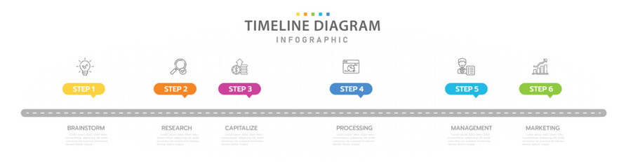 Infographic template for business. 6 Steps Modern Timeline diagram with icon topics, presentation vector infographic with icons.