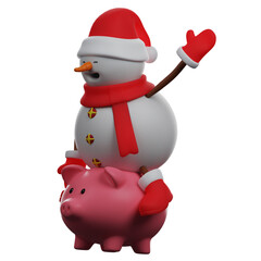   3D illustration. Cute face 3D Cartoon Design Snowman riding a pink pig. with a happy expression. one hand raised upwards. 3D Cartoon Character