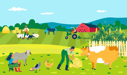 Obraz na płótnie Canvas Farm with field, animals, vector illustration. Farming flat people character at agriculture nature, man woman care about cow, goat, chicken, sheep.