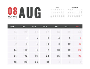 Monthly Calendar Template of august 2023. Vector simple gray grid layout for wall or desk calendar with week start on Monday for print