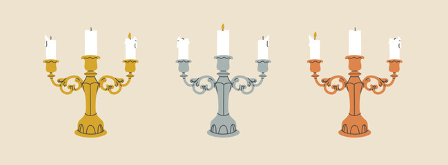 Fancy elegant candlestick. Gold, silver and bronze. Luxurious classic decoration. Vintage style. Restaurant concept. Hand drawn trendy Vector illustration. All elements are isolated