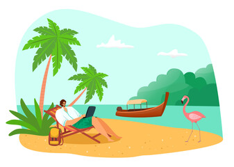 Obraz na płótnie Canvas Freelancer work at tropical beach with laptop, vector illustration, flat freelance worker man character use laptop near summer sea.