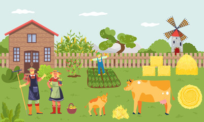 Obraz na płótnie Canvas Farm with person worker, vector illustration, flat man woman charcater care about cow, hold agriculture plant in hand, organic farming at rural nature.