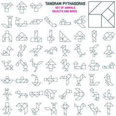 Set of Tangram Puzzle Line. Pythagoras square. - obrazy, fototapety, plakaty