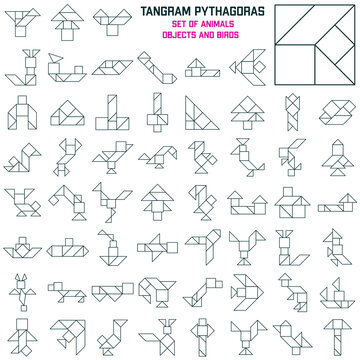 Set of Tangram Puzzle Line. Pythagoras square.