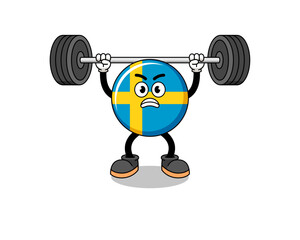 Obraz na płótnie Canvas sweden flag mascot cartoon lifting a barbell