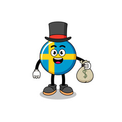 sweden flag mascot illustration rich man holding a money sack