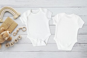 White baby bodysuit mockup for neutral gender design presentation, front and back view, white...