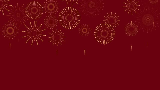 New year with golden fireworks on red background with copy space, flat style design for Chinese new year and holiday banner