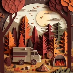 Multidimensional paper cut craft camping area with beautiful forest scenery and trailers, Generative AI, generative, AI - obrazy, fototapety, plakaty