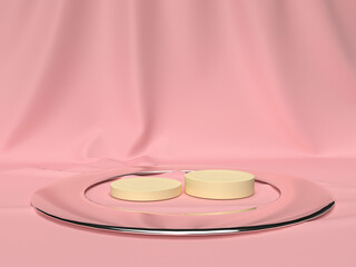 Minimal scene with podium and silver ring. Pastel pink color scene. Trendy 3d rendering for social media banner, promotion, cosmetic product event.