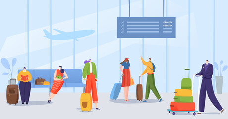 Airport terminal for travel concept, vector illustration, flat man woman character passenger wait for travel, departure by airplane with luggage.