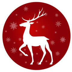 Stylized Christmas deer decorated with snowflakes isolated on red background in circle shape