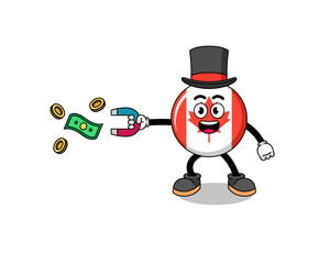 Character Illustration of canada flag catching money with a magnet