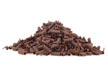 Pile of chocolate curls isolated on a white background. Chocolate flakes. Grated chocolate.