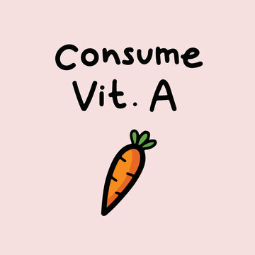 Carrot vector icon with consume Vitamin A text isolated on plain background. Simple pictogram drawing with cartoon simple art style with clean black outline. Hand written art. Full colored.