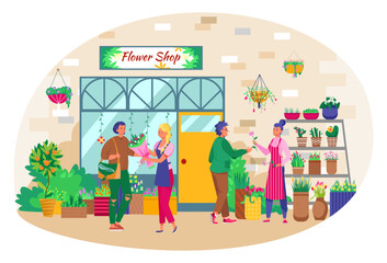 Florist woman sell retail plant, vector illustration, customer man character buy bouquet at flower shop, store with green flowerpot for house.
