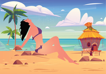 Obraz na płótnie Canvas Happy bikini girl at the beach with bungalow illustration design