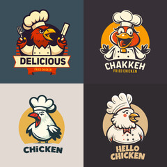 illustration of fried chicken rooster chef mascot logo for food restaurant concept branding in vector cartoon style