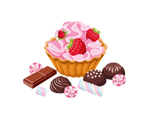 Cupcake with whipped cream and raspberries, candy, chocolate and marshmallows. Vector cartoon illustration of different sweets isolated on white.
