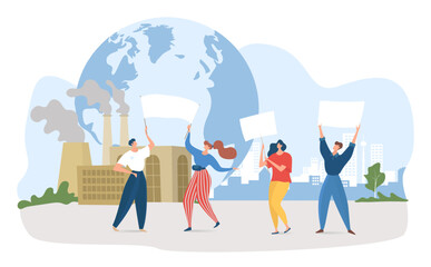 Environment planet protest concept, vector illustration, flat people character hold banner at save planet eco demonstration, active people