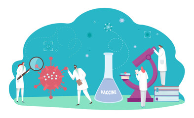 Lab with medical research, make vaccine in science laboratory, vector illustration, flat tiny scientist man woman character test medicine