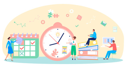 Fototapeta na wymiar Time management for business concept, vector illustration, flat tiny man woman character work with schedule, huge clock and document folder.