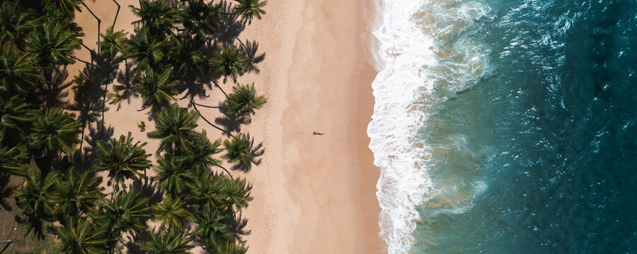 Aerial Drone View Of Tropical Beach Paradise With Palm Trees And Woman