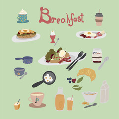 Big hand drawn set of breakfast with eggs porridge yogurt and beverages 
