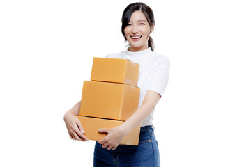 Happy Asian girl holding package parcel boxs isolated on transparent background, PNG file format....
