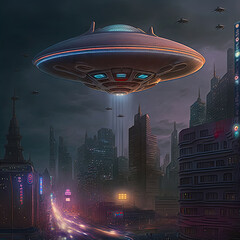 ufo flying saucer in modern city created by generative ai