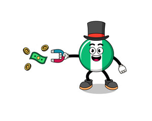 Character Illustration of nigeria flag catching money with a magnet